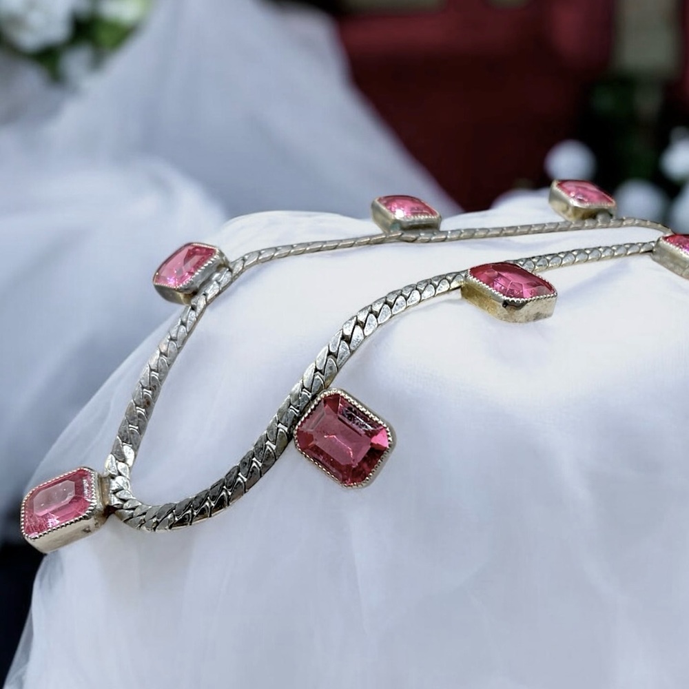 🌺Vintage Art Deco Silver & Pink Stone Necklace